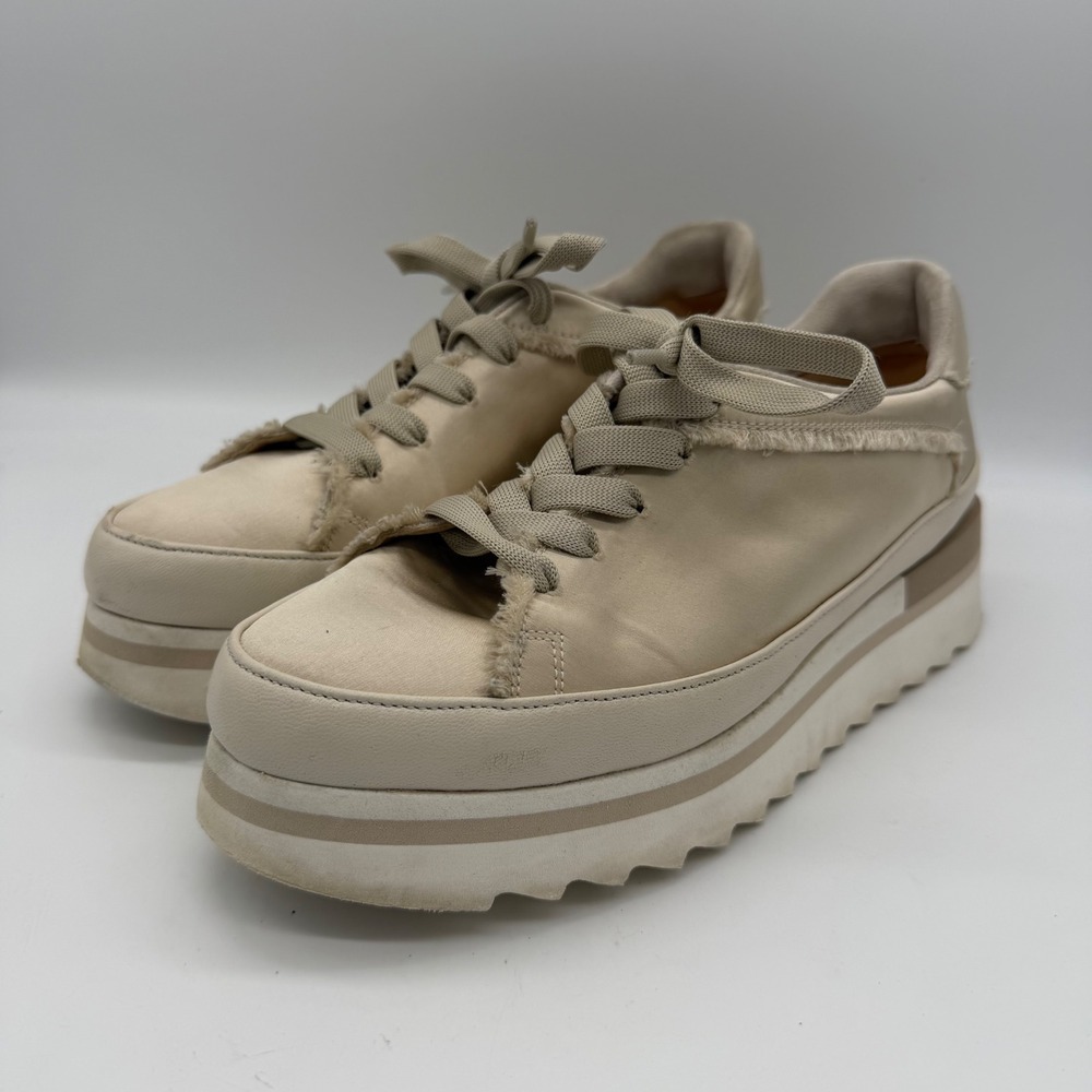 Softwaves Licia Beige Coco Stone Satin Frayed Platform Sneakers 37 Comfort